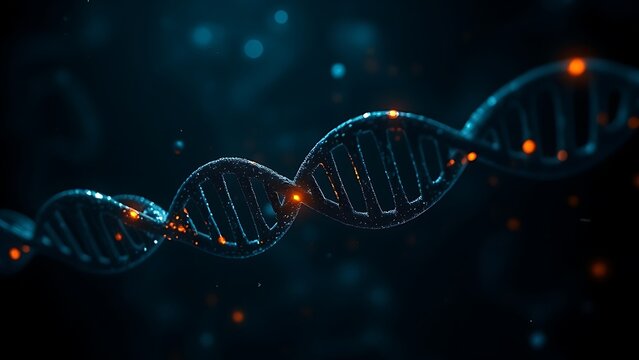 Dark DNA strands glowing under artificial light, revealing intricate hidden patterns.