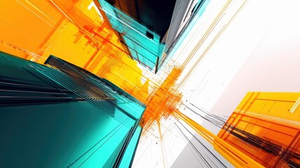 An abstract, futuristic architectural composition featuring sharp geometric shapes in teal and orange, with intricate lines and a sense of depth and perspective