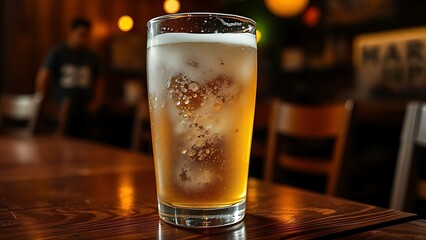 Close-up of a frosted beer glass with glistening condensation, evoking a cozy and inviting tavern atmosphere.