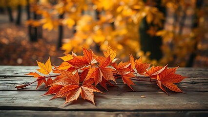 Wooden table with autumn orange leaves in a rustic seasonal composition.