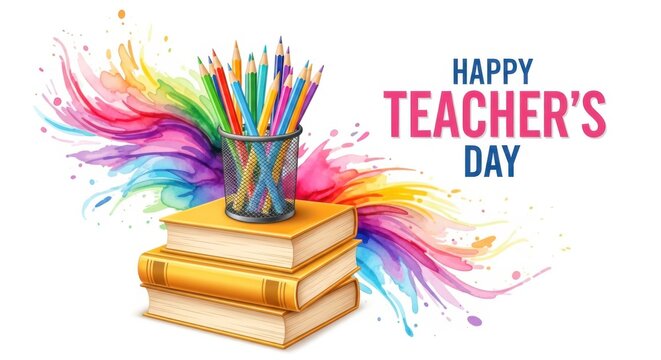 Colorful watercolor art celebrating teachers day with books and pencils isolated on white background