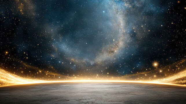 Golden horizon glow above barren planet surface under starfield with cosmic nebula