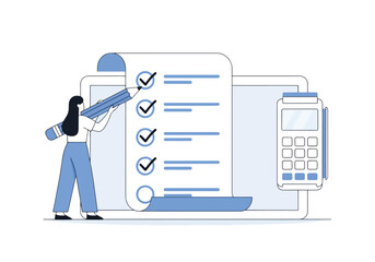 Person checking items off a digital list on a screen device - Flat Vector Illustration, icon. Editable stroke. Colored vector illustration