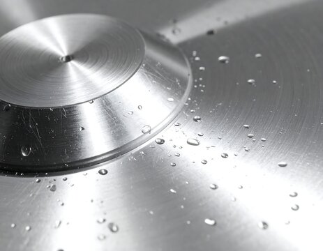 Close-up of a metal surface with water droplets, creating a reflective pattern.