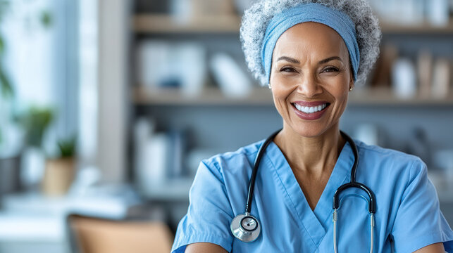 Smiling female nurse with stethoscope in clinic, warm confident expression and caring demeanor - Powered by Adobe