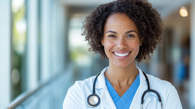 Smiling nurse with stethoscope and blue scrubs in hospital corridor showing warmth and confidence - Powered by Adobe