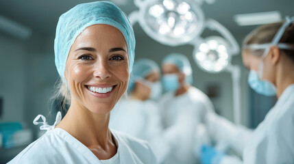 Smiling female surgeon in surgical cap and gown in operating room with team