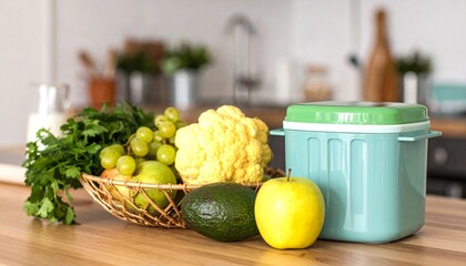 A collection of fresh fruits and vegetables arranged on a kitchen counter next to a teal food storage container.