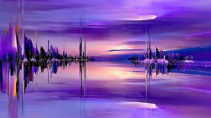 An abstract digital painting depicting a distorted cityscape reflected in calm water under a vibrant purple and pink sunset sky. Tall, sharp, fragmented structu