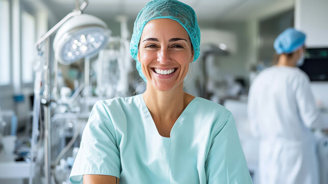 Smiling female nurse surgical scrub and cap bright operating room, confident compassionate