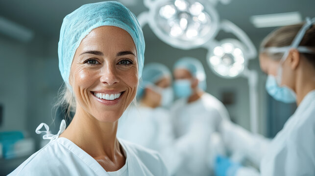 Smiling female surgeon in surgical cap and gown in operating room with team