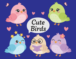 Cute cartoon birds, colorful feathers, heart background, butterfly accents, children theme, playful animals, reading bird, flower bird, fun design - flat vector illustration