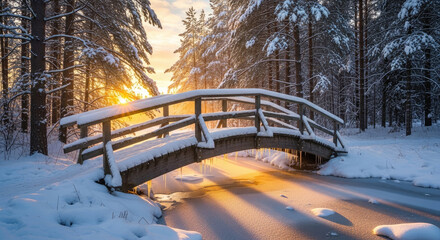 Golden Sunrise Light Shining through Trees onto a Snow Covered Bridge.