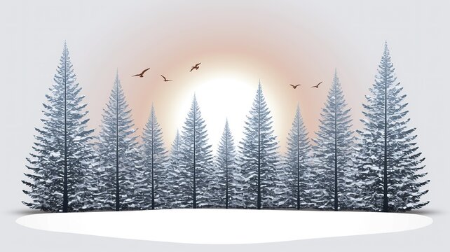 Snow-covered pine trees in a winter forest at sunrise with birds flying overhead