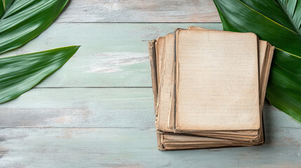 Old recipe book with handwritten notes aged paper, rustic tropical leaves and wooden background