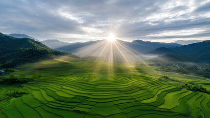 Fototapeta premium Lush green rice terrace at sunrise with sun rays over misty mountains