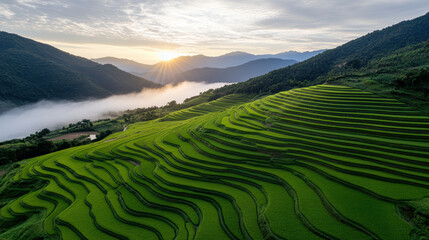 Sunrise terraced rice field landscape with misty valley and rolling green layers