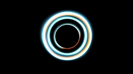 Several glowing circular light rings in different colors form an energetic halo on a black background, creating a sense of pulsation and motion