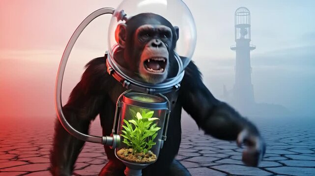 4k, An expressive chimpanzee wearing a spacesuit with a miniature aquarium attached to its chest, rendered with cinematic lighting in a surreal, post-apocalyptic