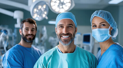 Smiling surgical team in modern operating room wearing scrubs and mask