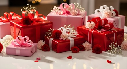 Group of romantic red and pink wrapped gift boxes with ribbons and flowers for celebration.