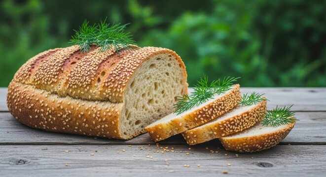 Rustic loaf of freshly baked artisan bread with sesame seeds and fresh dill isolated on white background