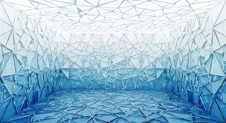 Empty square room with Texture of glass fragments. Gradient of white and blue colors. Mosaic of triangular glass fragments.