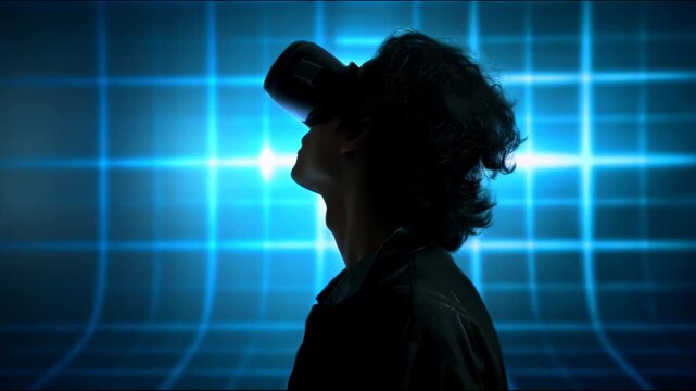 A man wearing a VR headset slowly turns his head while immersed in a digital environment with a glowing grid and colorful illuminated panels in the background - Powered by Adobe
