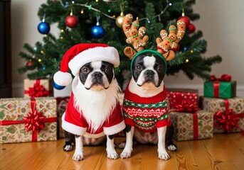 Two adorable boston terriers celebrate christmas with festive outfits and decorations