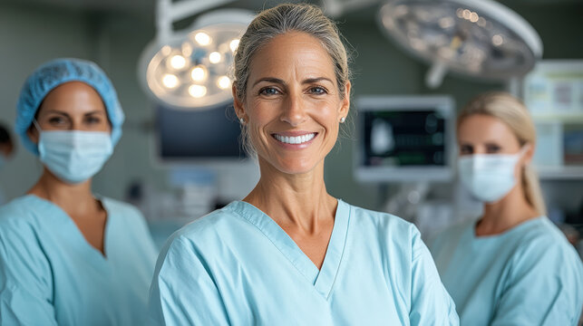 Experienced female surgeon smiling in operating room with attentive surgical team