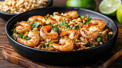 Fototapeta premium Grilled shrimp pad thai with noodles, peanuts, lime and cilantro black bowl, savory and vibrant