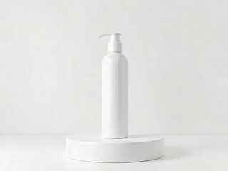 Blank White Airless Pump Bottle On Concrete Podium Mockup (Front View)