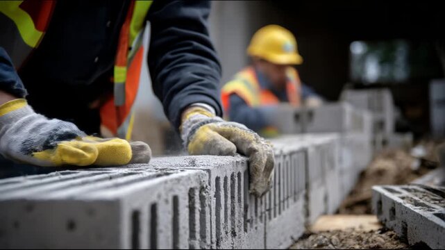 A construction worker in protective gloves carefully positions concrete blocks in a straight row while another worker in the background continues laying the blocks