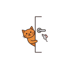 Obraz premium Playful feline antics cartoon illustration featuring a cute cat and small mouse peeking near