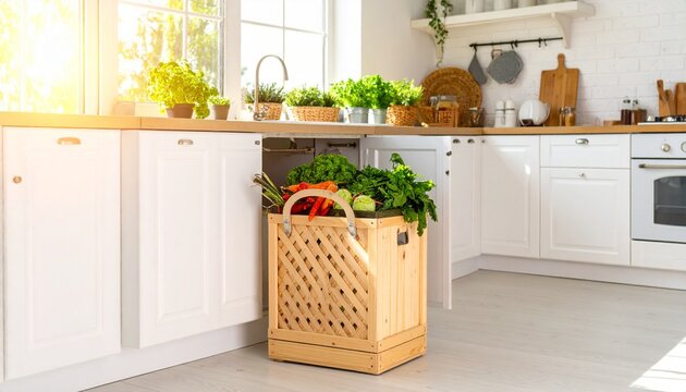 A bright and modern kitchen with white cabinets, natural light, and a wooden basket full of fresh groceries on the floor. - Powered by Adobe