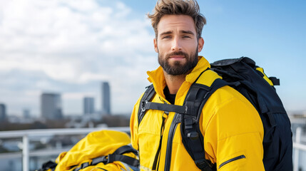 Fototapeta premium Man wearing yellow jacket with backpack looking at camera calmly