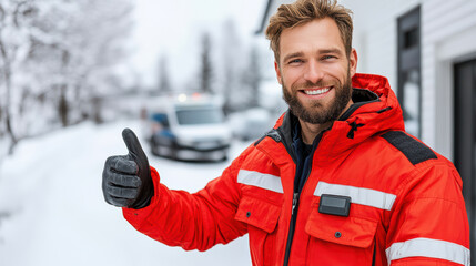 Paramedic giving thumbs up beside ambulance in snowy street, confident reassuring smile