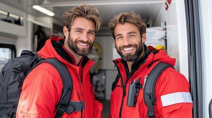 Two smiling paramedic rescuers wearing red jacket and backpack standing inside ambulance