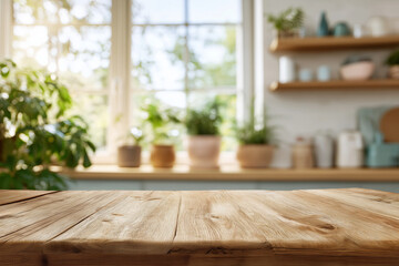 A weathered wooden counter surface displaying potted plants on shelves, with bright natural window light streaming in, creating a bright, airy kitchen or home garden aesthetic with organic elements.