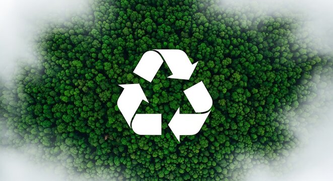 Recycle symbol on green forest background, top view