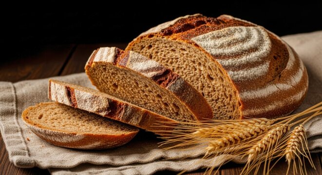 Artisan sourdough bread loaf with slices and wheat stalks isolated on white background