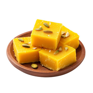 mysore pak on a wooden plate in soft lighting PNG image, transparent background