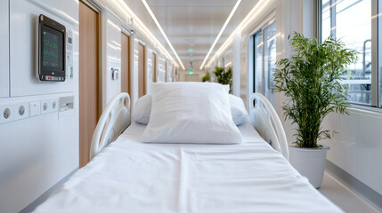 Hospital bed in bright corridor with pillow and medical monitor