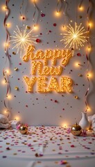 Vibrant New Year celebration scene with marquee lights, festive ribbons, confetti, and golden ornaments.