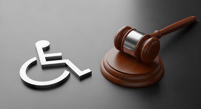 Gavel and wheelchair symbol on black background