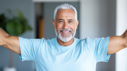 Smiling mature man stretching arms happily in light blue shirt