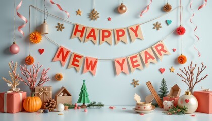 Cozy New Year celebration setup with pastel banners, festive decorations, and holiday-themed tabletop items.