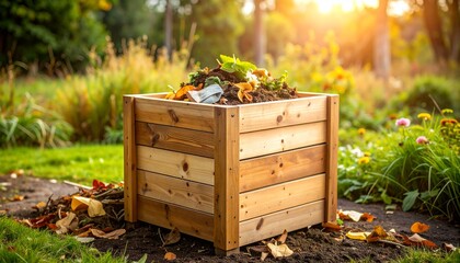A wooden compost bin filled with organic matter and kitchen scraps sits in a lush, sunny garden.