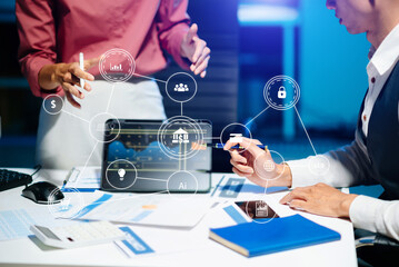 Co working process, team working.Coding software developer work with AR new design dashboard computer icons.team business concept