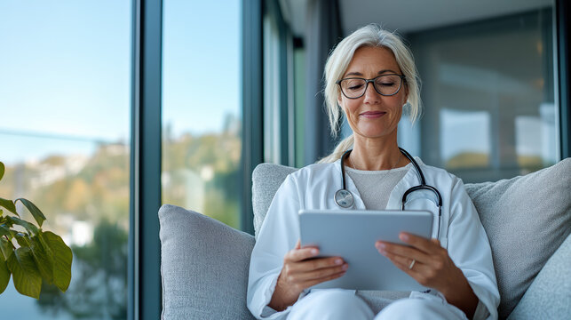 Mature female doctor using tablet in bright clinic, calm focused expression
